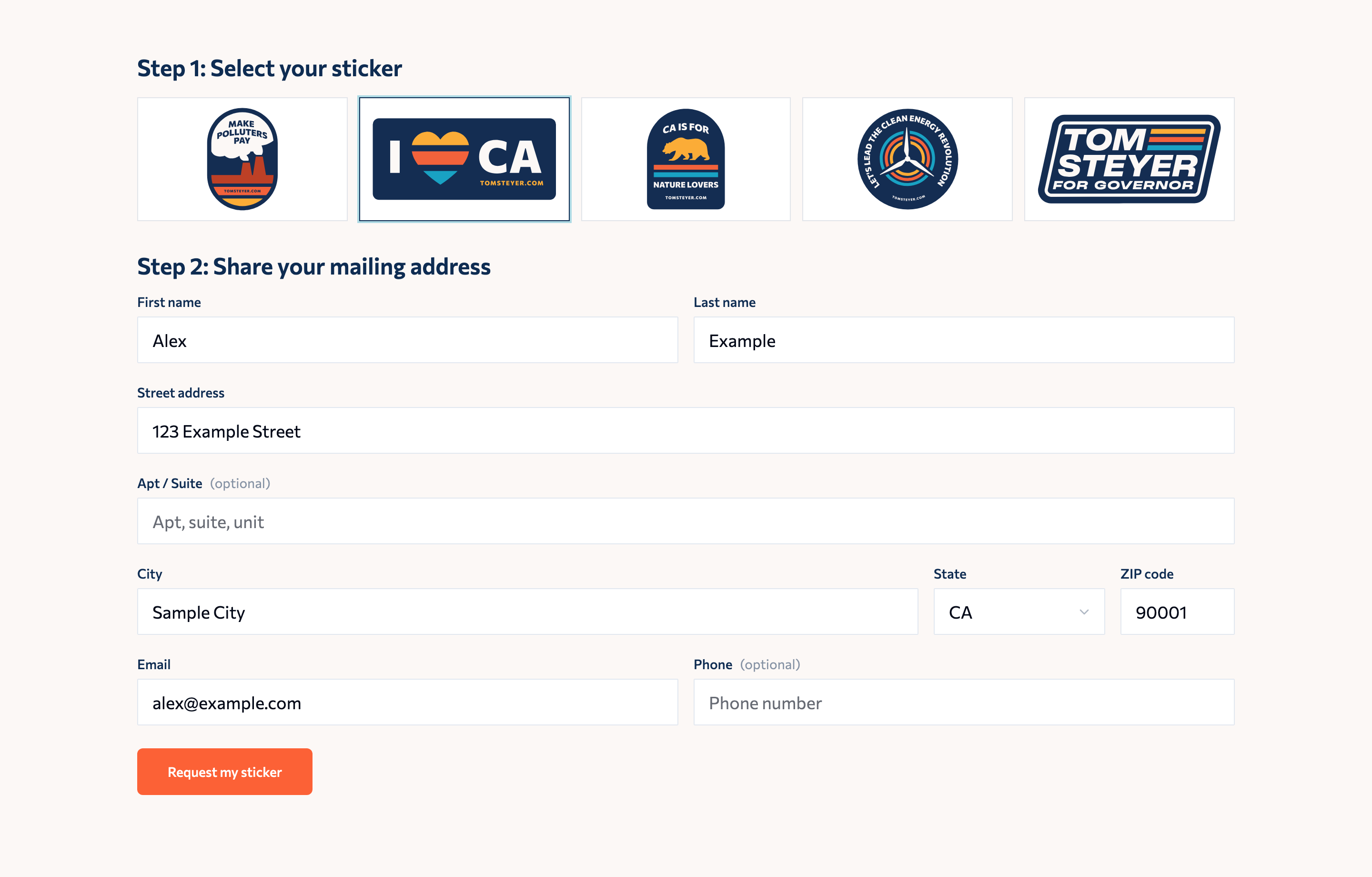 The request form: pick a design, then share a mailing address